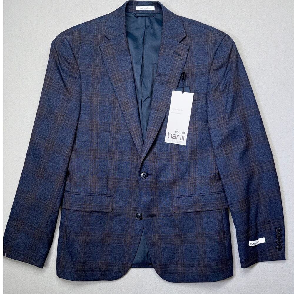 Bar III Men's Slim-Fit Wool Blend Suit Jacket Navy Plaid 36S $425